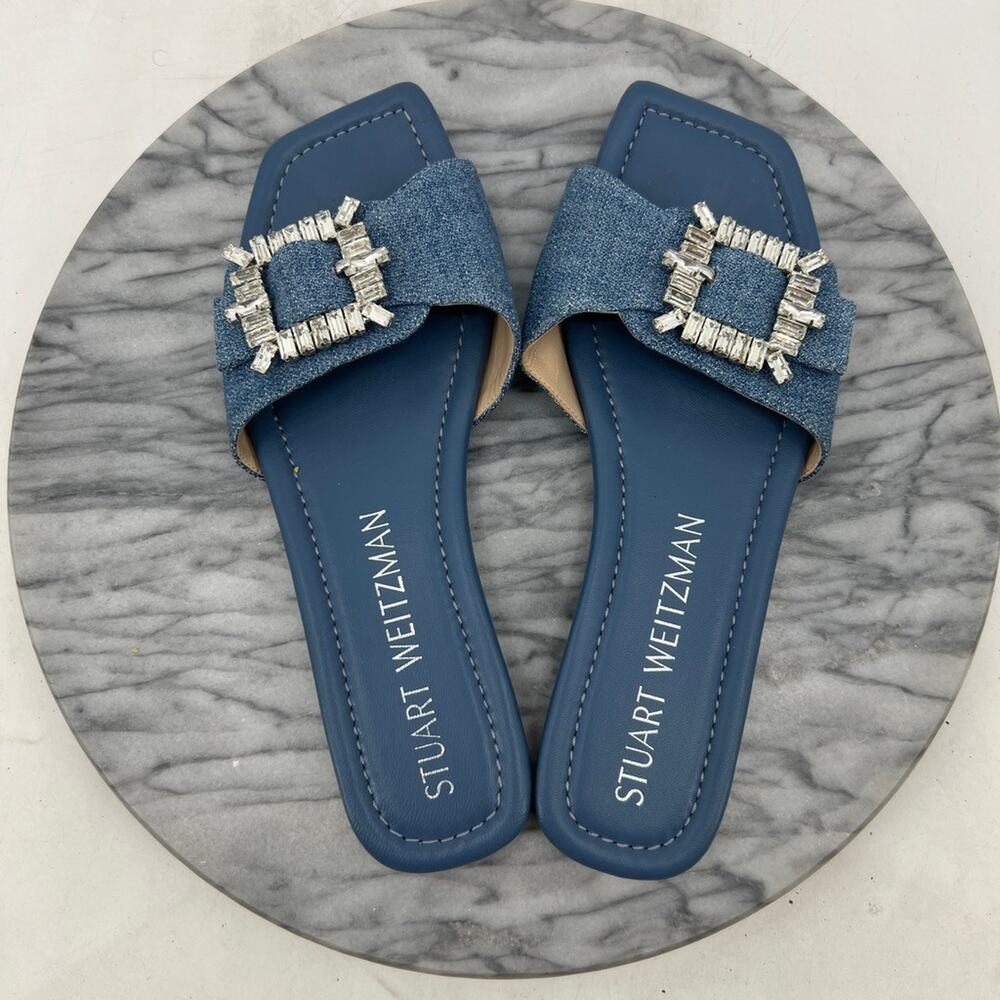 Stuart Weitzman Womens 9.5 Sandals Blue Shine Embellished Buckle Slide SA904 - Picture 6 of 12